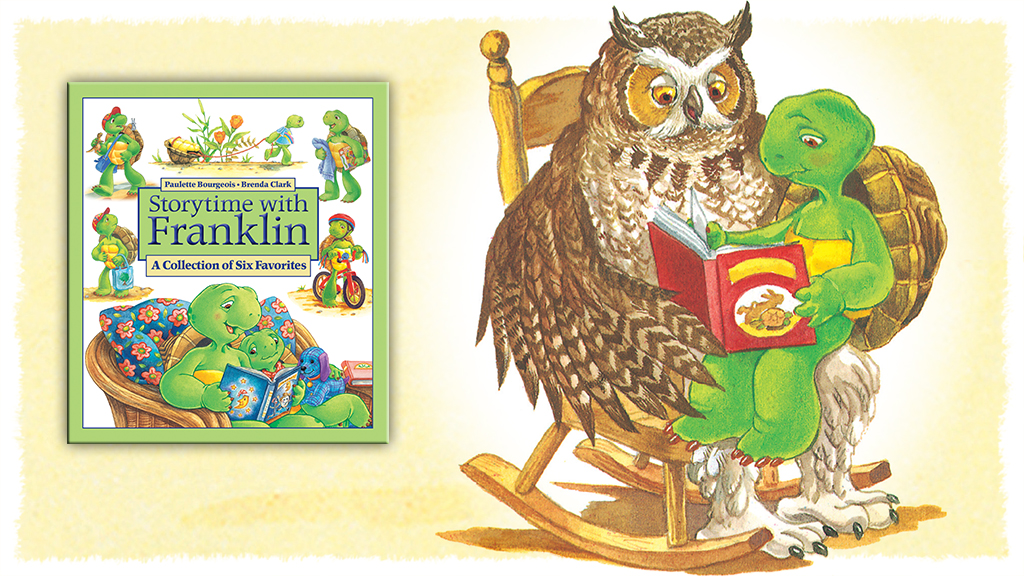 Storytime with Franklin book cover. Owl reads a book to Franklin the Turtle.